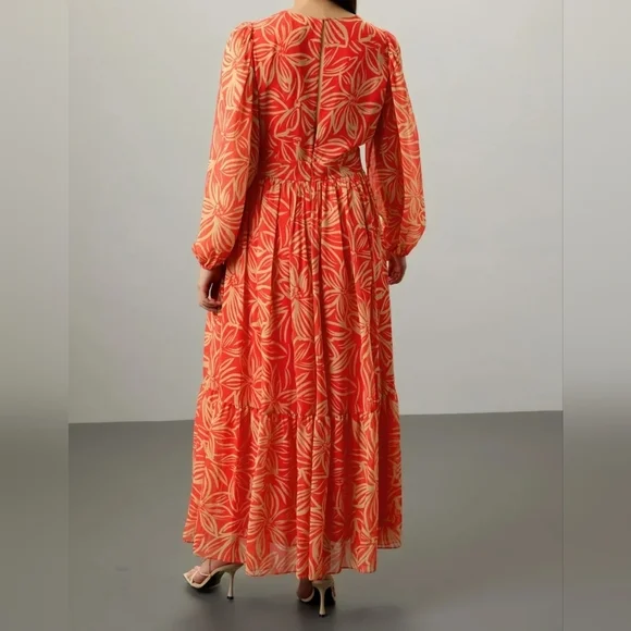 TOCCIN x RTR Women's Long-Sleeve V-Neck Printed Maxi Dress, Orange Tan Floral, 8 - Picture 6 of 17
